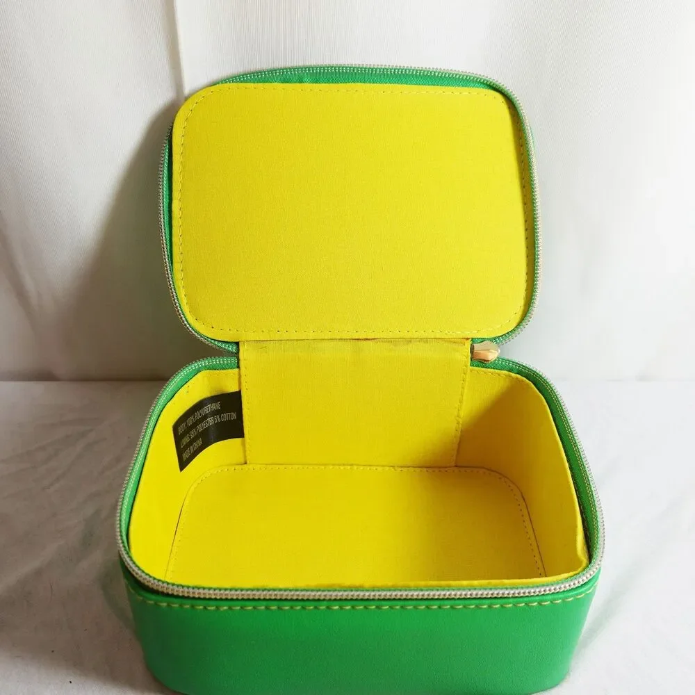 Tata Harper Green Vanity/Travel Case with zipper sq box 5 x6 yellow inside